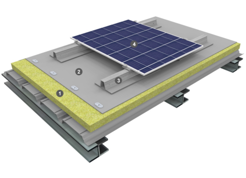 Procédé photovoltaïque à plat sur étanchéité monocouche pvc-p fixé mécaniquement avec isolation 