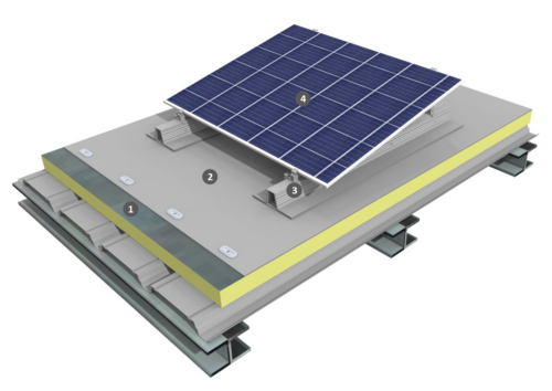 Procédé photovoltaïque simple shed sur étanchéité monocouche pvc-p fixé mécaniquement avec isolation