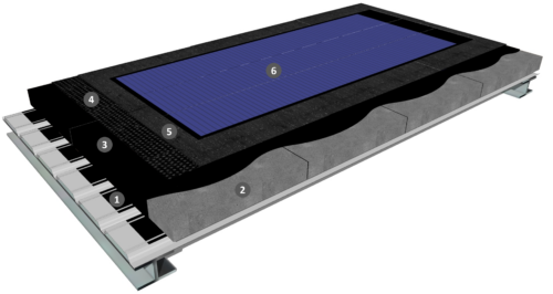 Procédé photovoltaïque avec panneaux souples, étanchéité bicouche soudé avec isolation