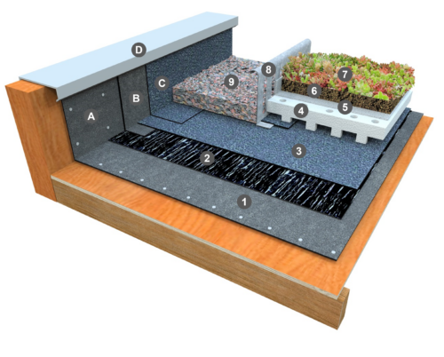 Bicouche thermosoudable sous panneau rétenteur d'eau (ou drain), filtre et substrat sans isolation