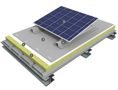 Procédé photovoltaïque simple shed sur étanchéité monocouche pvc-p fixé mécaniquement avec isolation