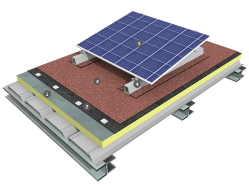 Procédé photovoltaïque simple shed sur étanchéité bicouche fixée mécaniquement avec isolation